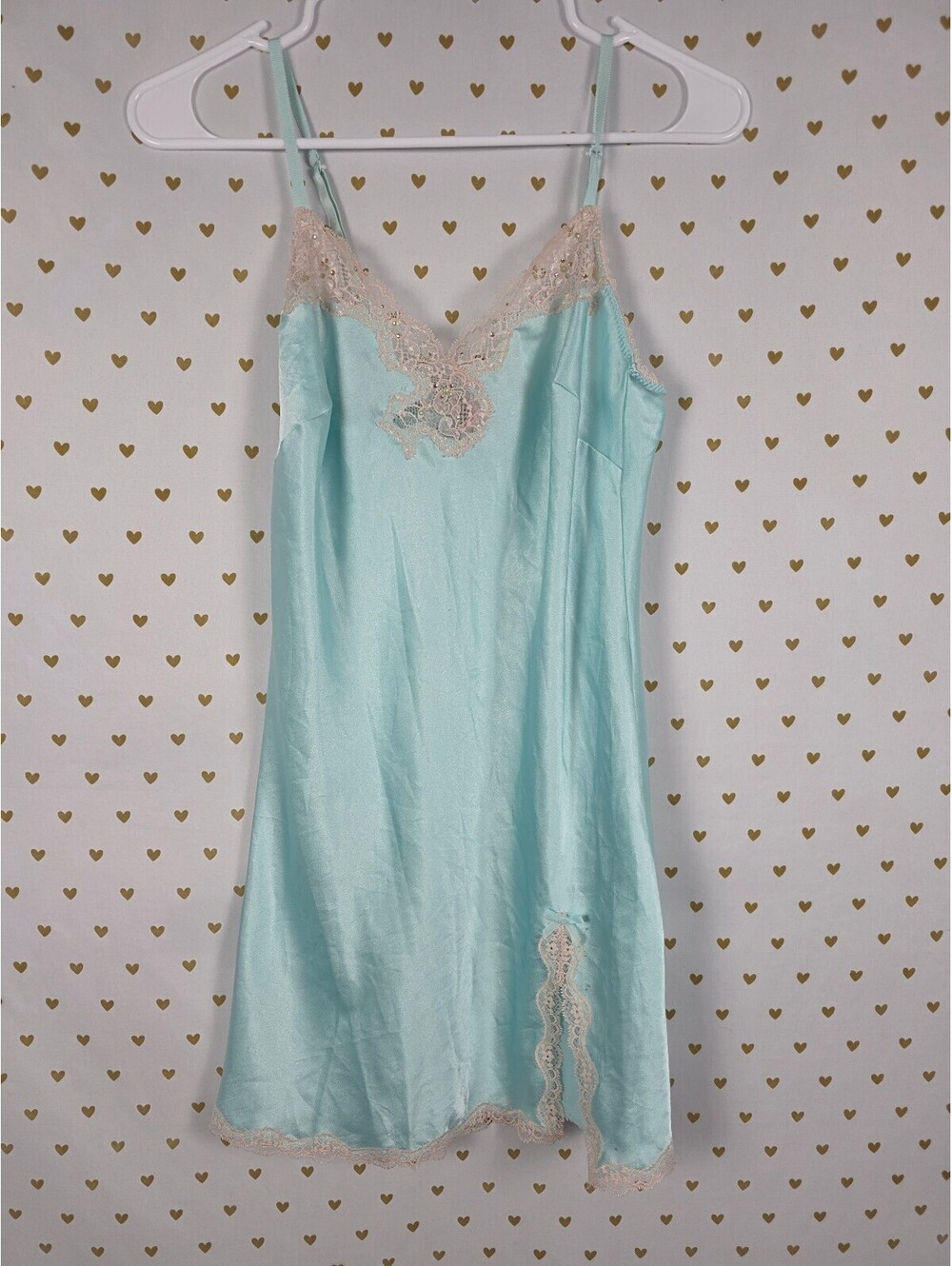 Victorias Secret Blue Satin Slip Dress Nightie Lingerie Studded Bling Nightie Sm